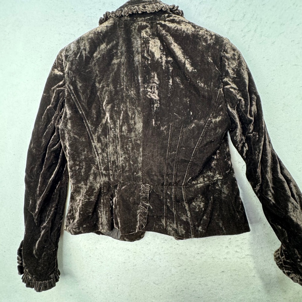 INC Velvet Blazer Womens Medium Brown Ruffle Trim Victorian Goth Jacket - Picture 7 of 13